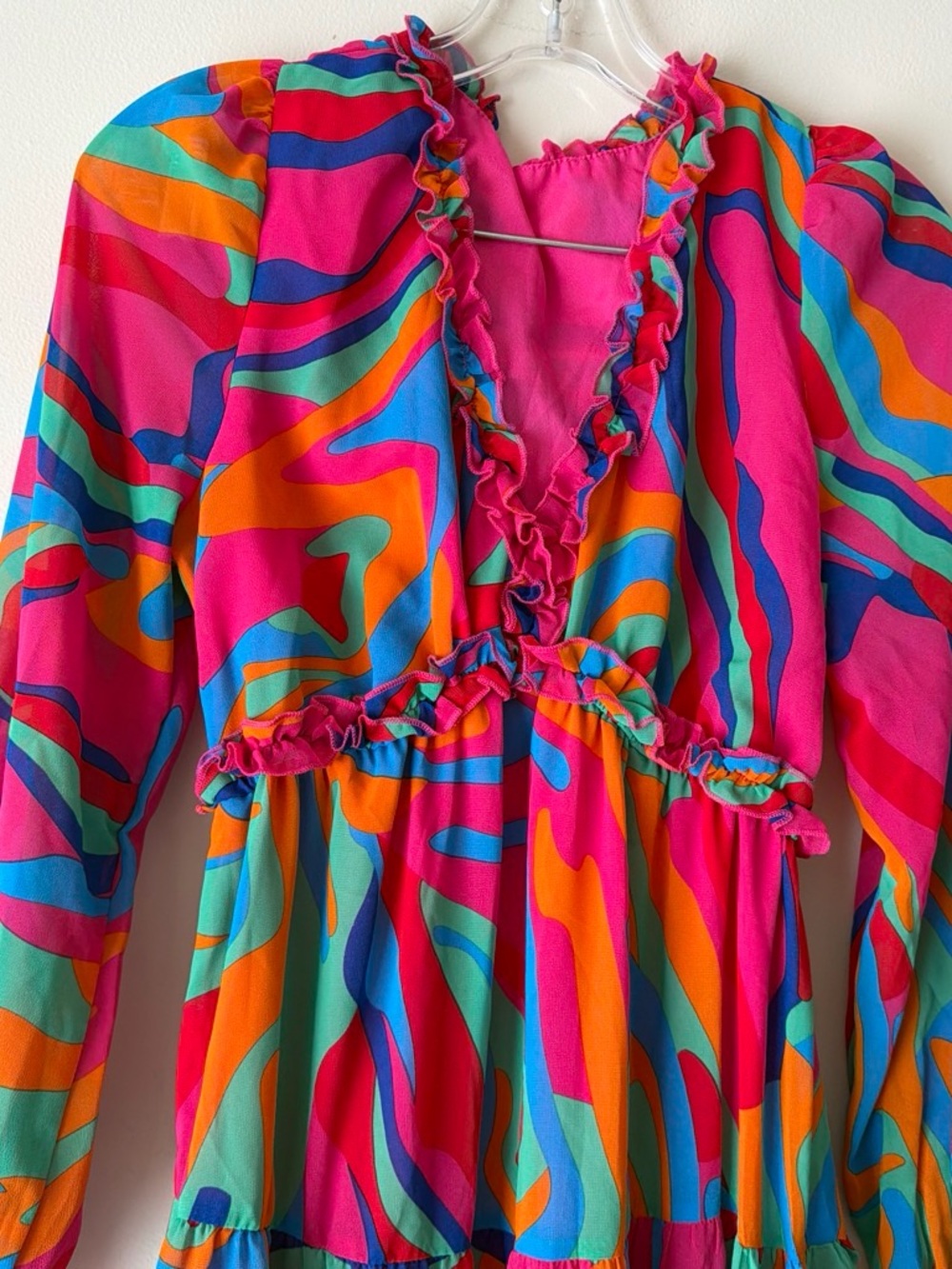 French Connection Hot Pink Multi-Color Abstract Ruffle Maxi Dress - Picture 2 of 2